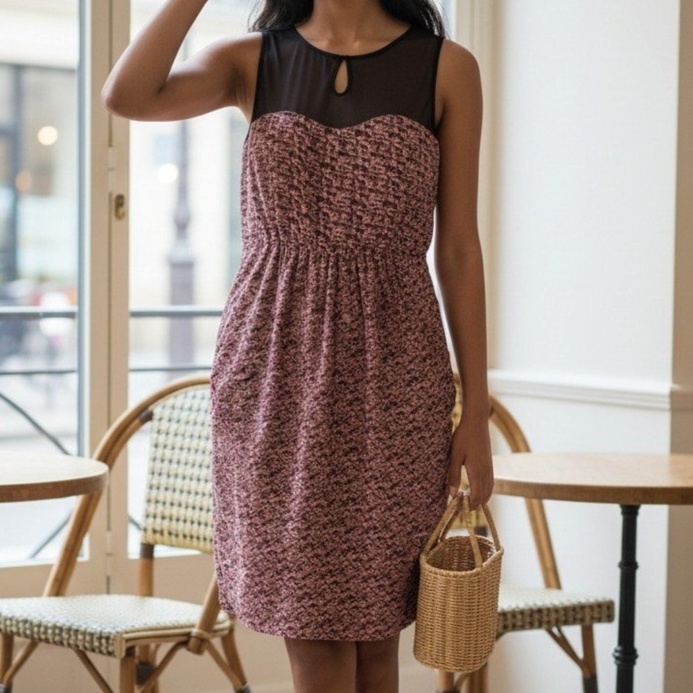 Moulinette Soeurs Albertine Sheath Dress 8 Pink Black Mesh Yoke Abstract Print